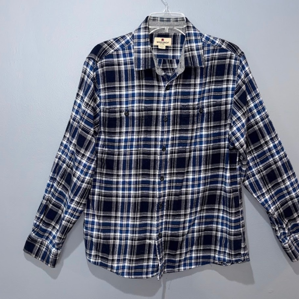 Woolrich Mens Blue Plaid Flannel Shirt Long Sleeve Cotton Button Down Large